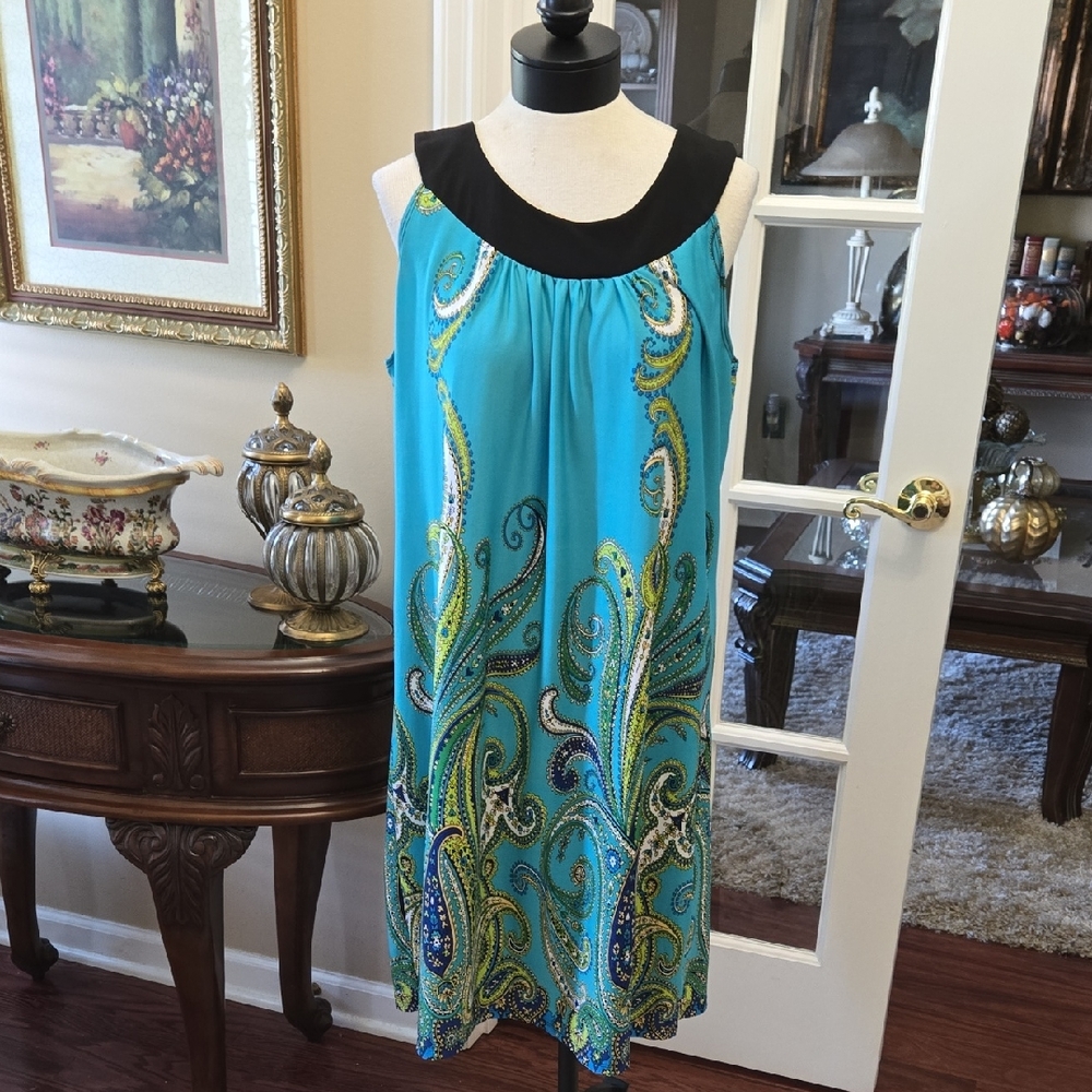 Kim Rogers Teal Black Paisley Midi Dress Sleeveless Stretch Pull On Style 1X EUC